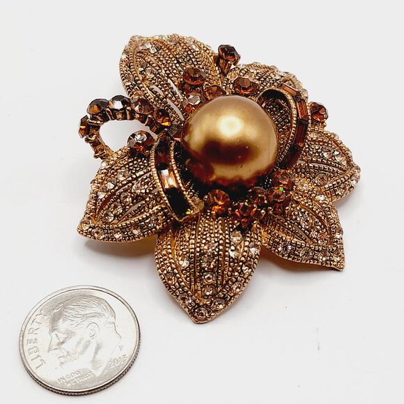 Vintage BJ Rhinestone Faux Pearl Flower Brooch or Pendant - 2 1/4 Inches - Picture 8 of 10